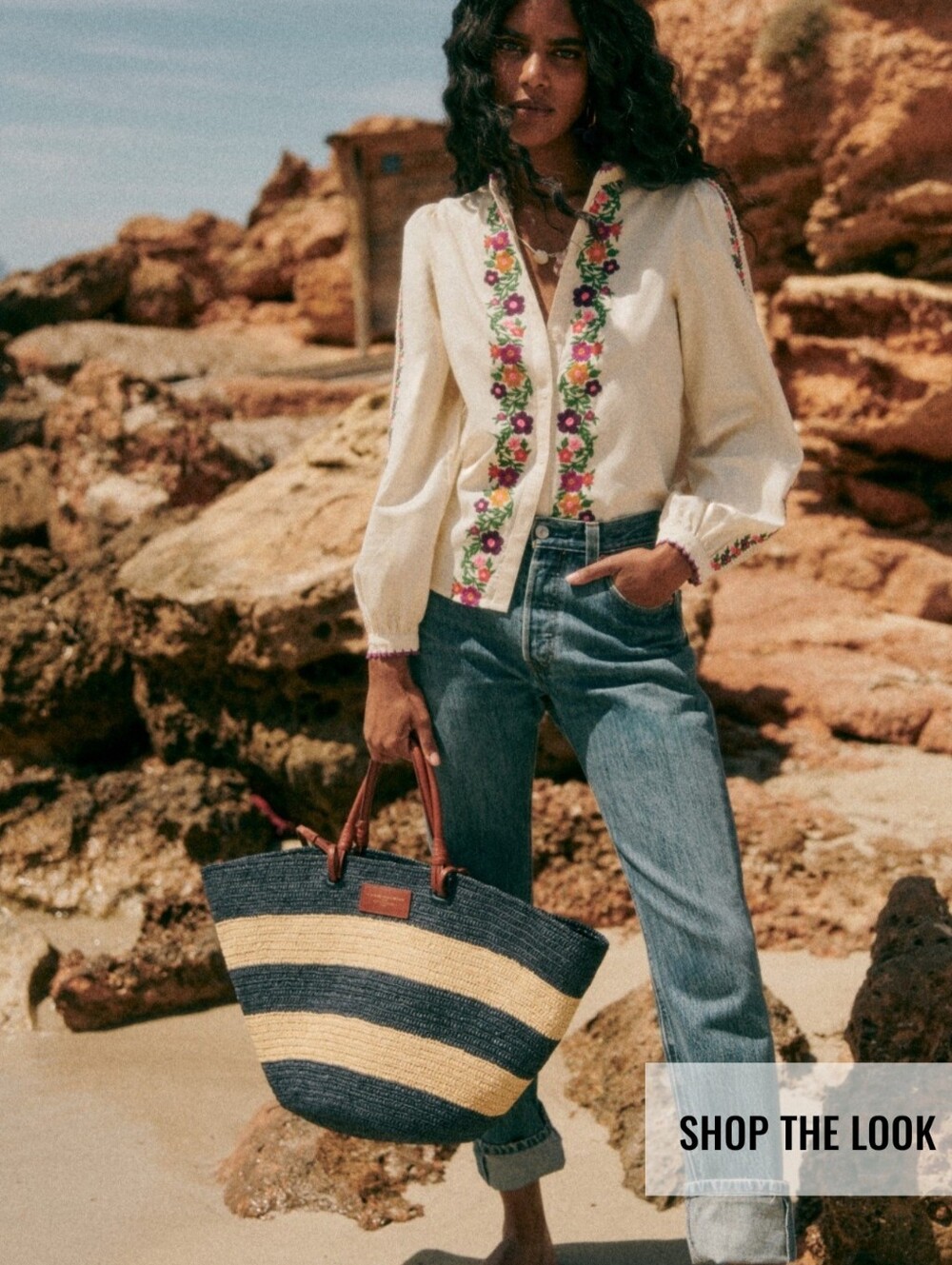 Sezane Cream Embroidered Floral Button-Up - Sidonia